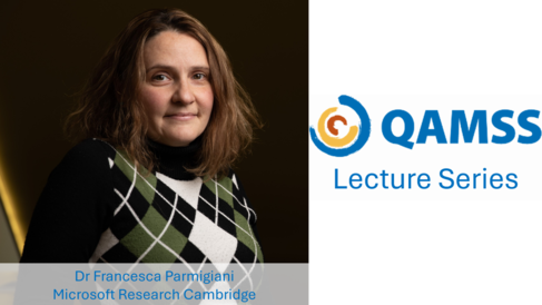 Head shot of Dr Francesca Parmigiani next to the QAMSS logo and "Lecture Series"