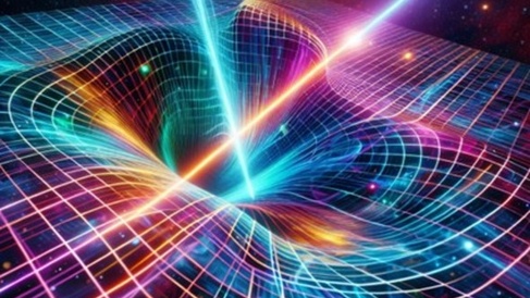 Absract image with light beams and contoured chequered surface