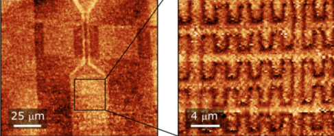 Wide-area AFM scan over a live circuit at 200 mK (left), and a higher resolution AFM image shows the interdigitated capacitors within the resonator (right).