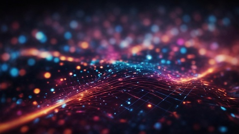 Abstract image showing dots and beams of light moving over a contoured, gridded surface.