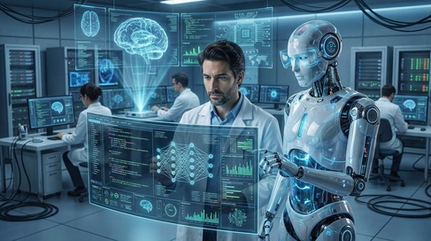 A scientist works in a lab with digital interfaces an dan AI robot assisting.