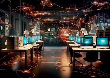 An office with computers in and artistic representations of optical fibres for communication.