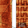 Wide-area AFM scan over a live circuit at 200 mK (left), and a higher resolution AFM image shows the interdigitated capacitors within the resonator (right).