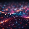 Abstract image showing dots and beams of light moving over a contoured, gridded surface.