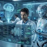 A scientist works in a lab with digital interfaces an dan AI robot assisting.