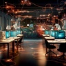 An office with computers in and artistic representations of optical fibres for communication.