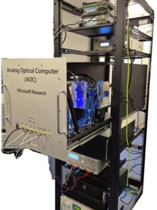 Photo of the rackable optical accelerator prototype developed at Microsoft Research Cambridge